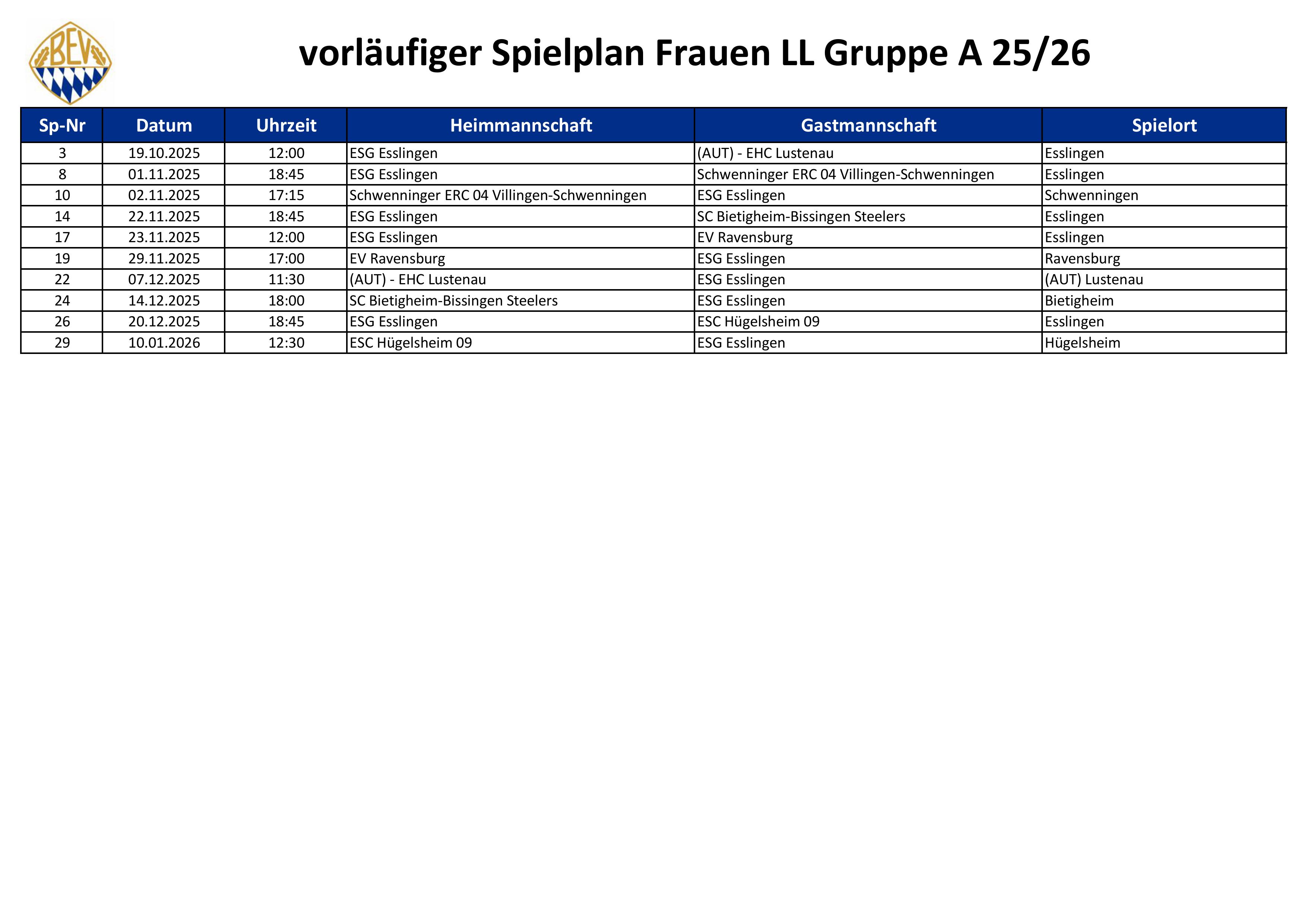 Spielplan Frauen LL Gruppe A 25 26 21.08.2025